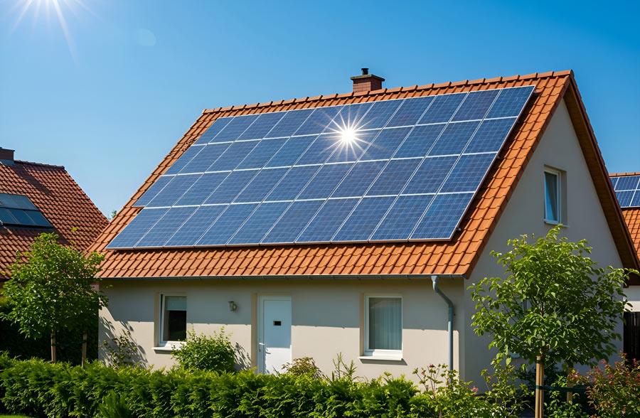 House with solar panels on a red tile roof under a clear blue sky