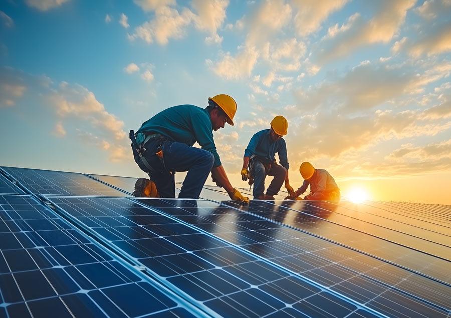 Workers in hard hats installing solar panels on a rooftop at sunset