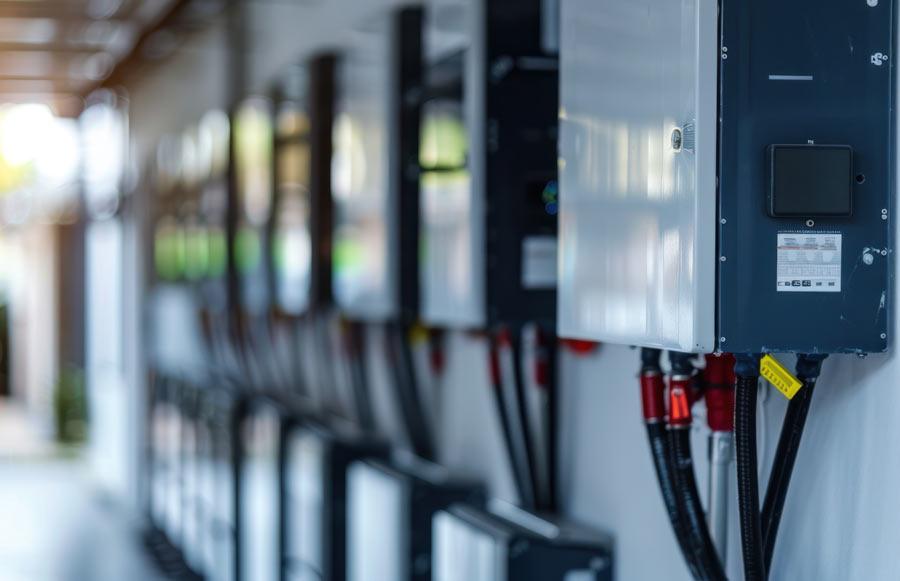 Electrical cabinets and connected cables mounted in a row on a wall