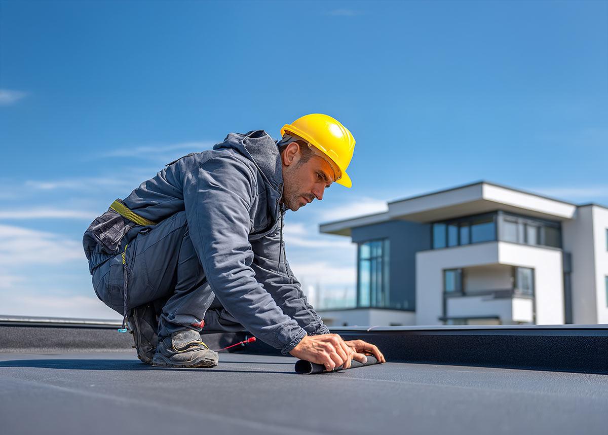 Worker in a yellow hard hat kneels on a flat roof, pressing roofing material near a modern building