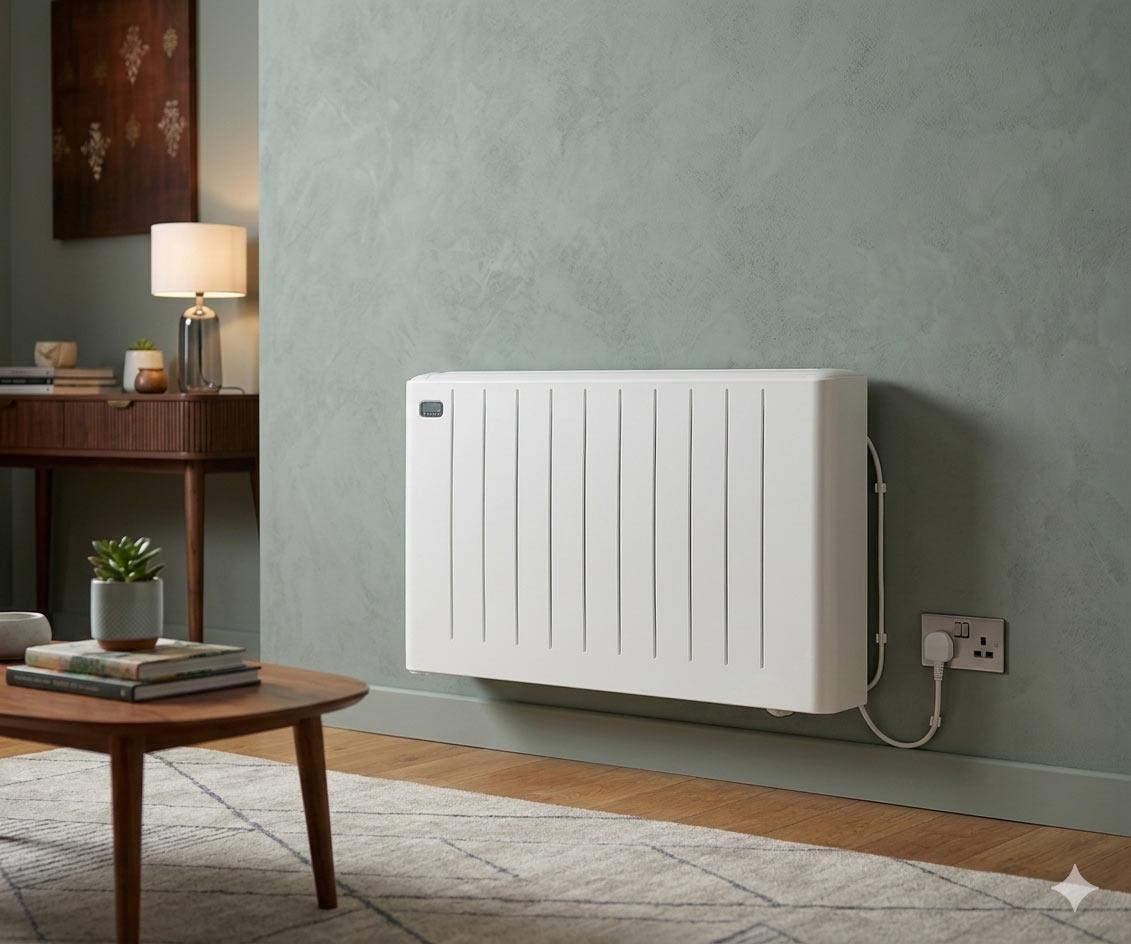 White wall-mounted electric heater plugged into an outlet in a living room