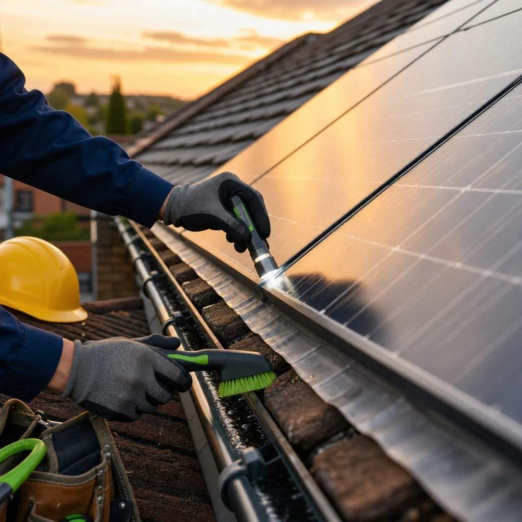 Completed solar panels beside clean gutters and roof maintenance tools
