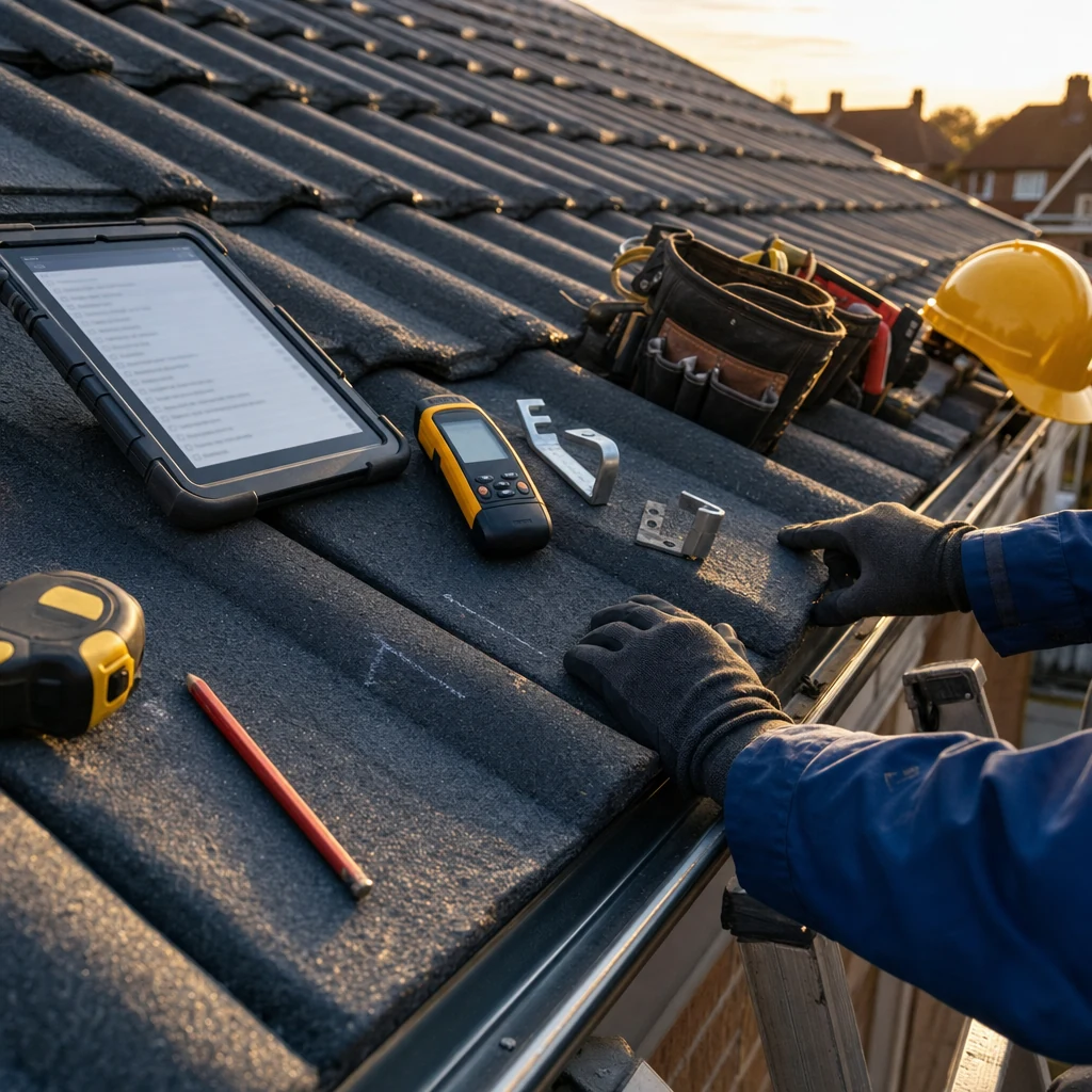 Gloved hands checking roof tiles with survey tools before solar installation