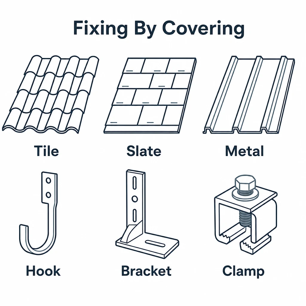 Graphic comparing tile, slate and metal roof fixing methods