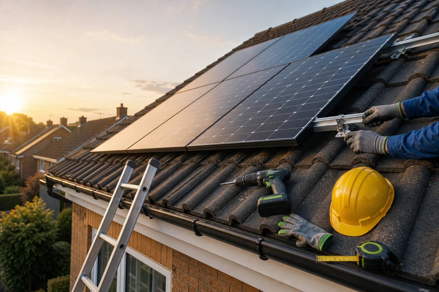 Solar panels and installation tools on a tidy roof at golden hour