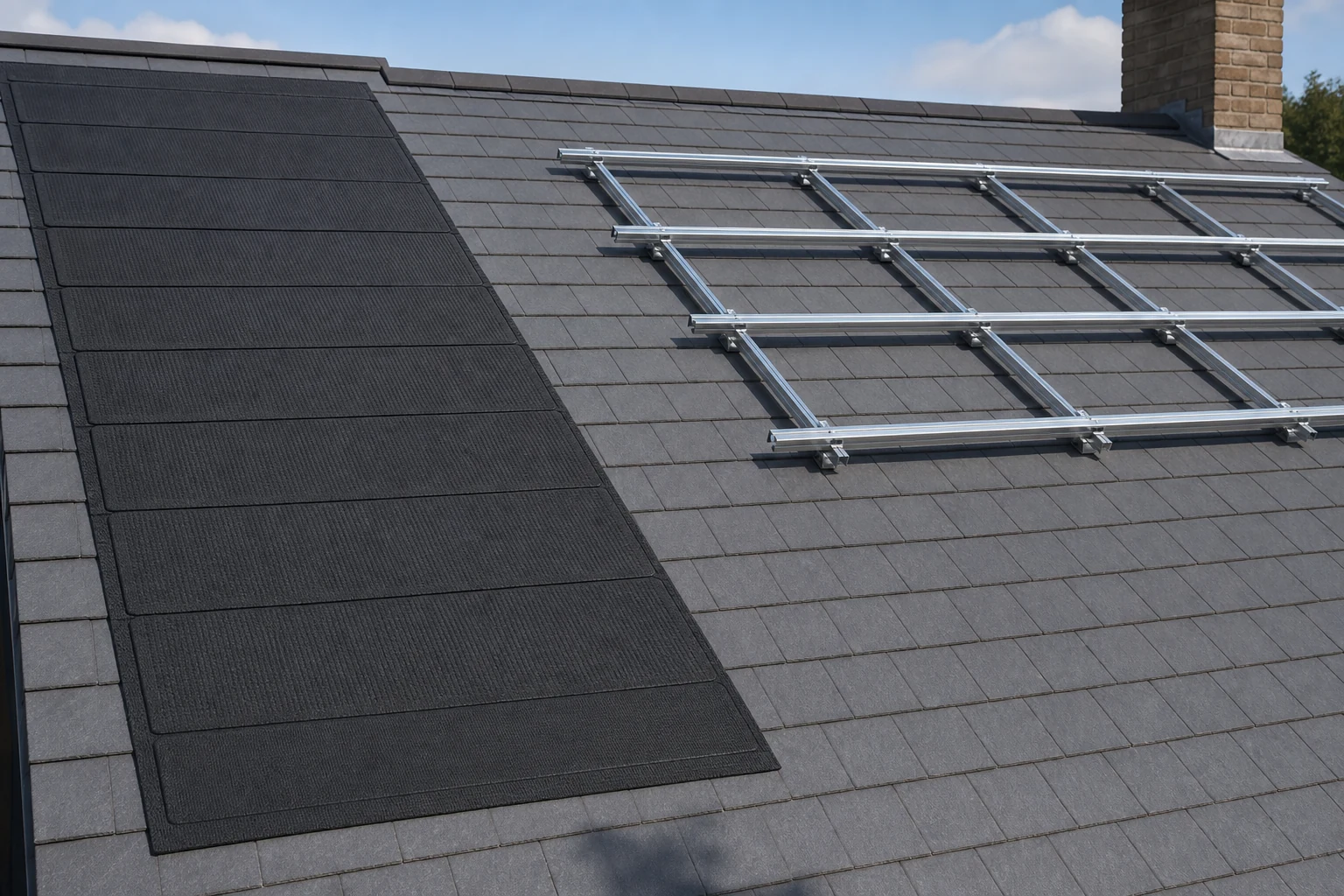 Protective matting laid neatly on a roof before solar installation